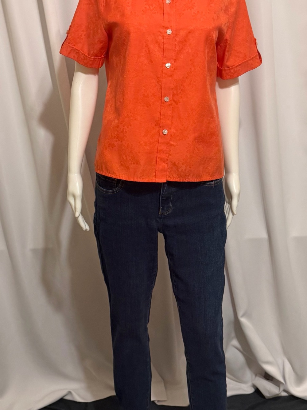 Alia Petites Coral/Orange  Floral Button Down Shirt Short Sleeve Textured Size P